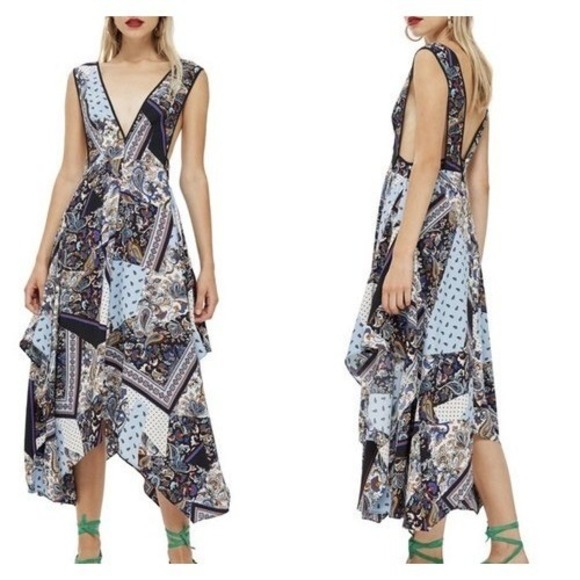 Topshop Dresses & Skirts - Topshop Blue Paisley Patchwork Pinafore Midi Sz 4 Halter Plunge Neck Boho
